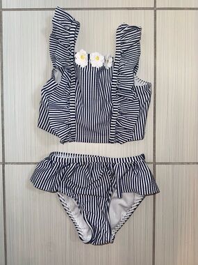 Little Me Navy Stripe Daisy Tankini Swimsuit 18M Ruffle Two Piece Set